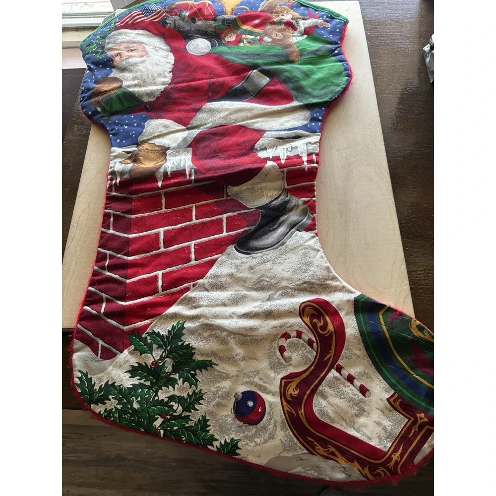 Vtg Cranston Jumbo Christmas Stocking Santa Down the Chimney Red Fleece Finished